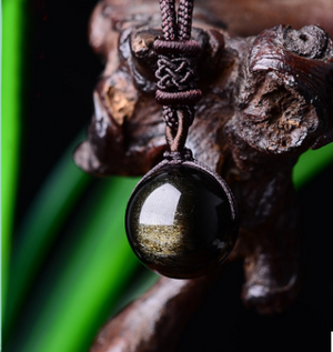 Size: 14mm, quantity: 2pc - Black Gold Natural Obsidian Stone Pendant Lucky Transfer Beads Pendant Necklace Male Female Lovers Fashion Jewelry