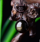 Size: 14mm, quantity: 2pc - Black Gold Natural Obsidian Stone Pendant Lucky Transfer Beads Pendant Necklace Male Female Lovers Fashion Jewelry