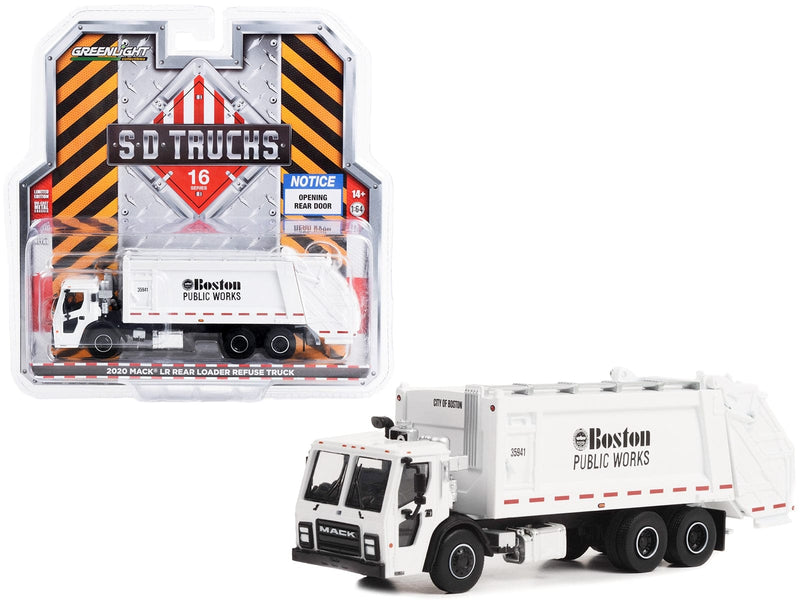 W2B 2020 Mack LR Rear Loader Refuse Truck White "Boston Public Works Boston Massachusetts" "S.D. Trucks" Series 16 1/64 Diecast Model Car by Greenlight